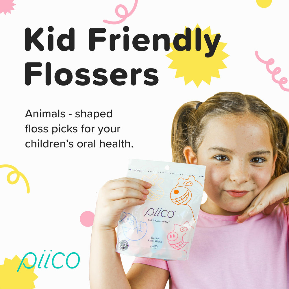 Unflavored, unwaxed kid floss featuring animal artwork