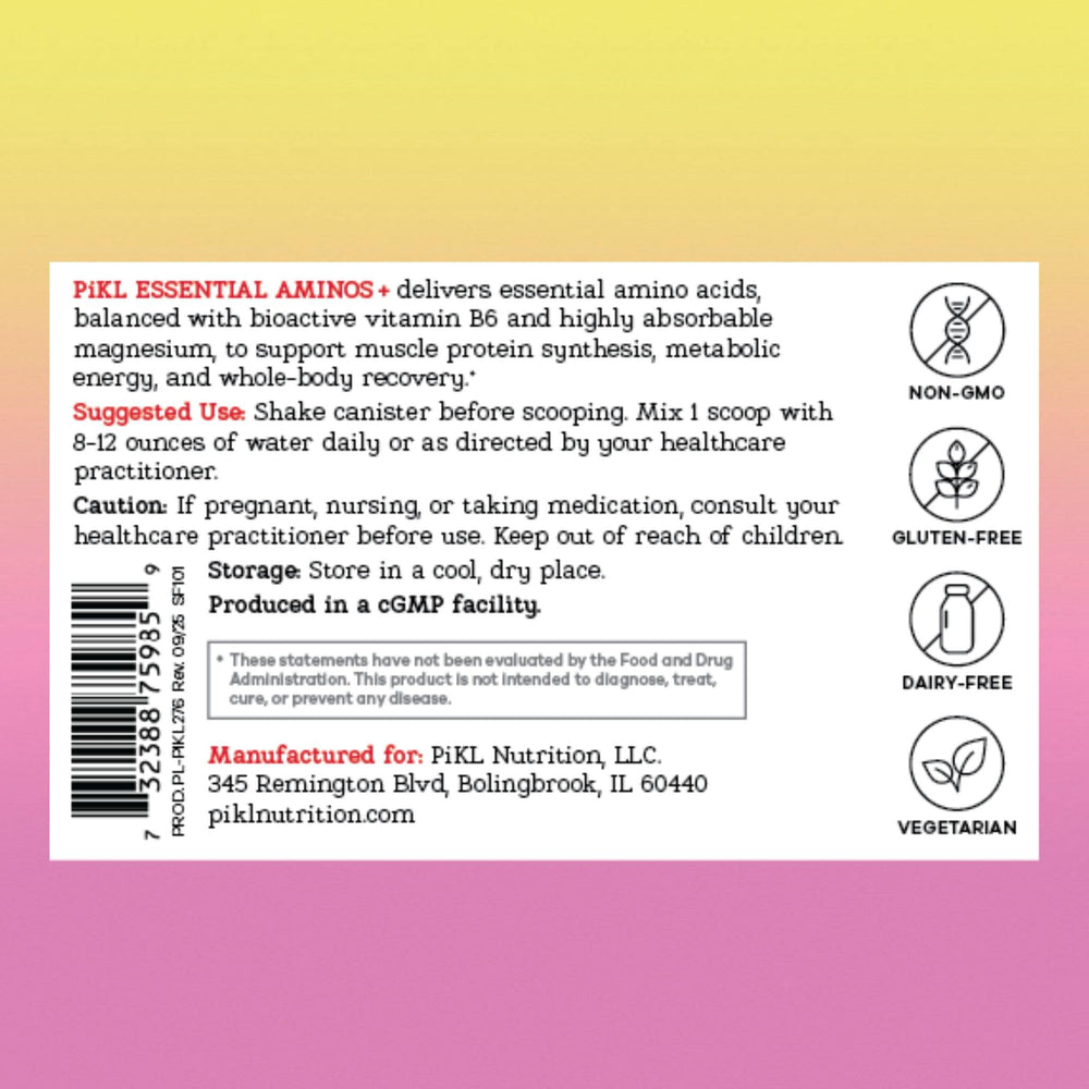 Scoop of PiKL Essential Aminos Berry Lemonade powder with glass