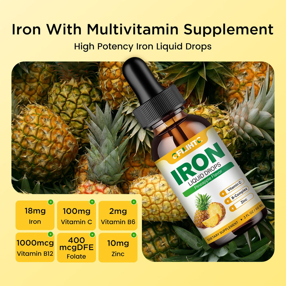 Dropper dispensing pineapple-flavored iron drops