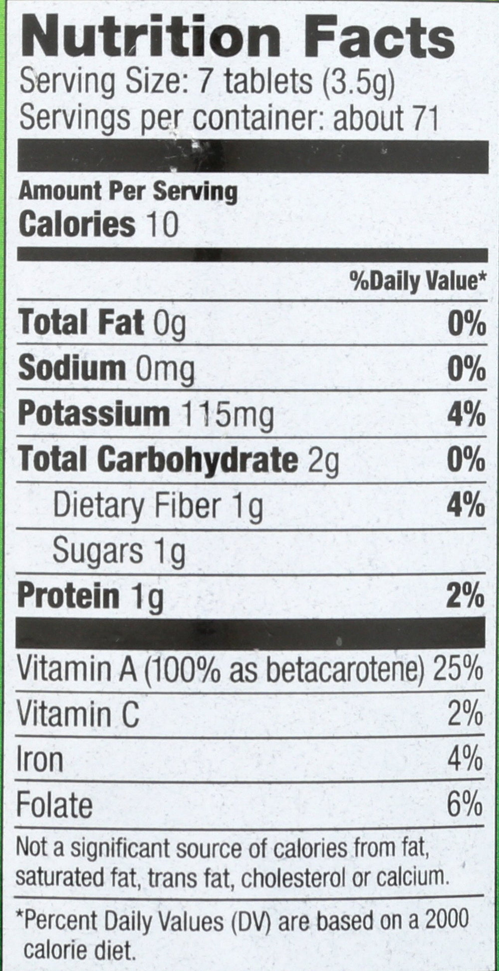 Pines Barley Grass tablets nutrition facts panel suggests vitamins and minerals