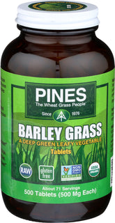 Pines Organic Barley Grass tablets bottle front for convenient daily greens