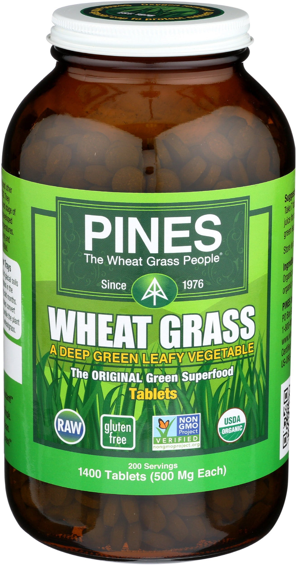 Front view of Pines Organic Wheat Grass Tablets bottle