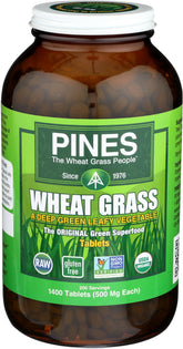 Front view of Pines Organic Wheat Grass Tablets bottle