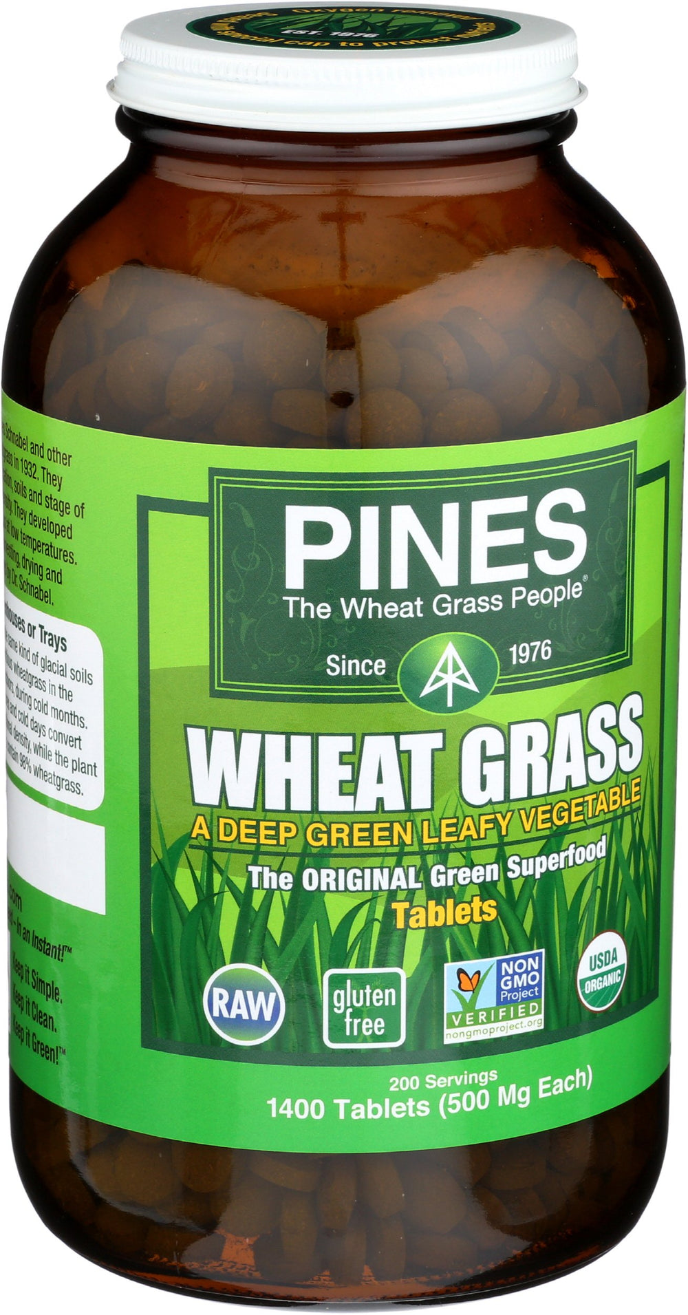 Pines Organic Wheat Grass Tablets bottle label close-up