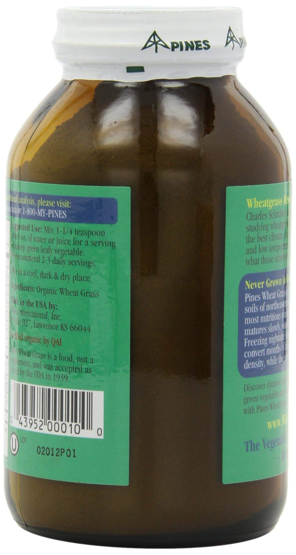 Pines Wheat Grass Powder dispensed into a glass shows vibrant green color