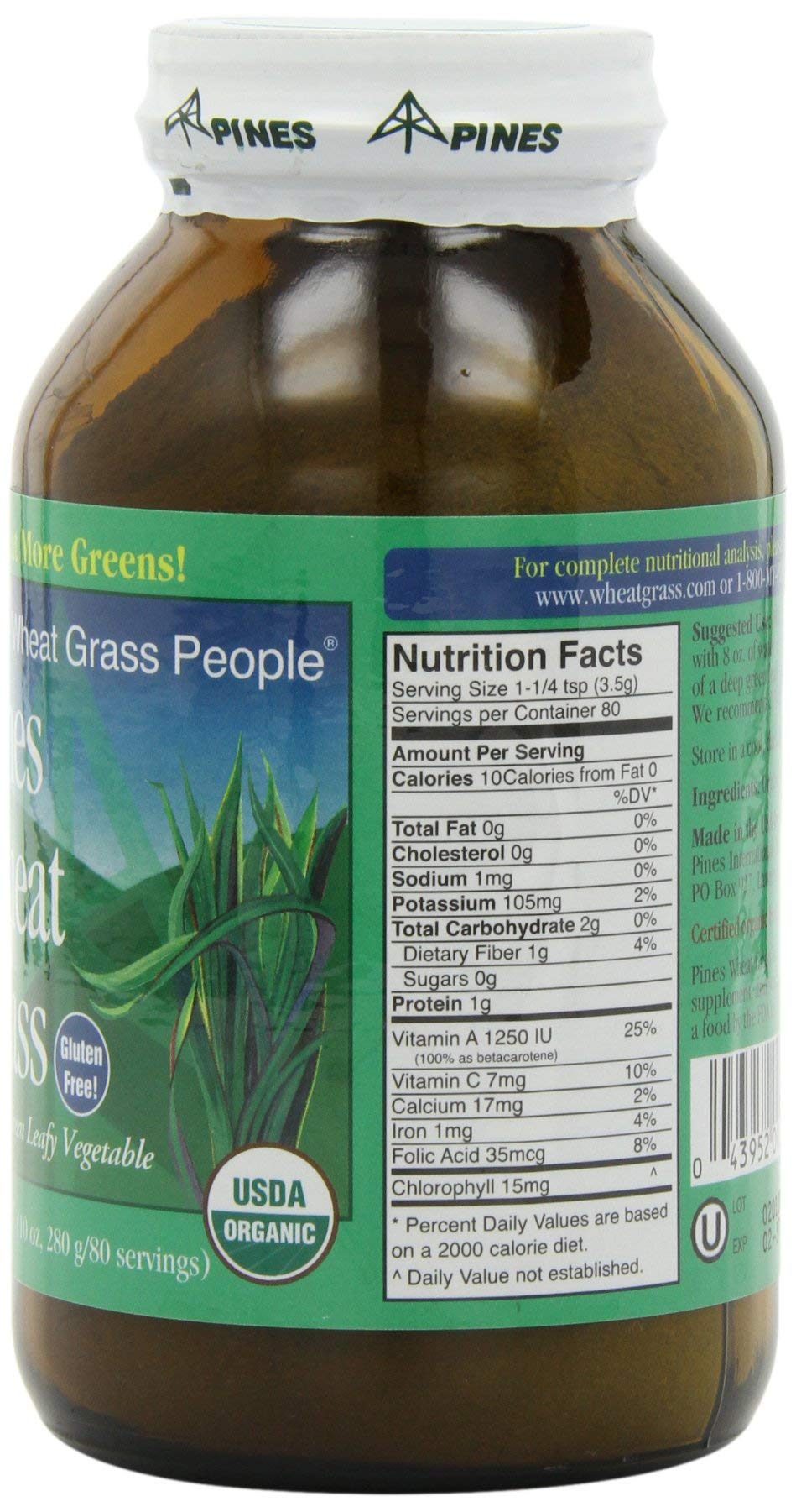 Pines Wheat Grass Powder label closeup emphasizes organic quality and clean nutrition