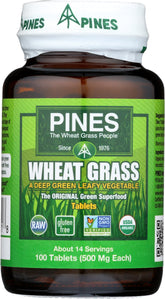 Pines Wheat Grass Tablets bottle front view showing convenient daily greens