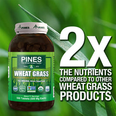 Pines Wheat Grass Tablets vegan raw label on bottle for plant-based greens