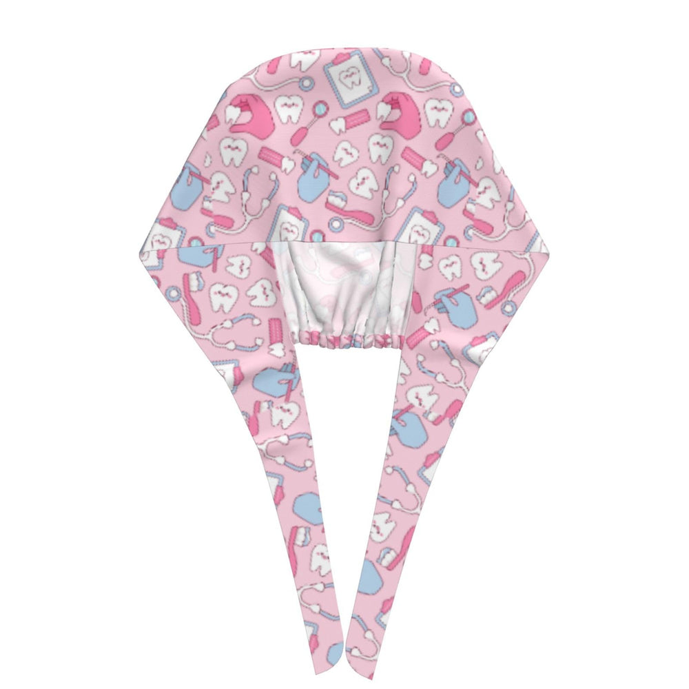 Back elastic and lace detail on pink scrub cap