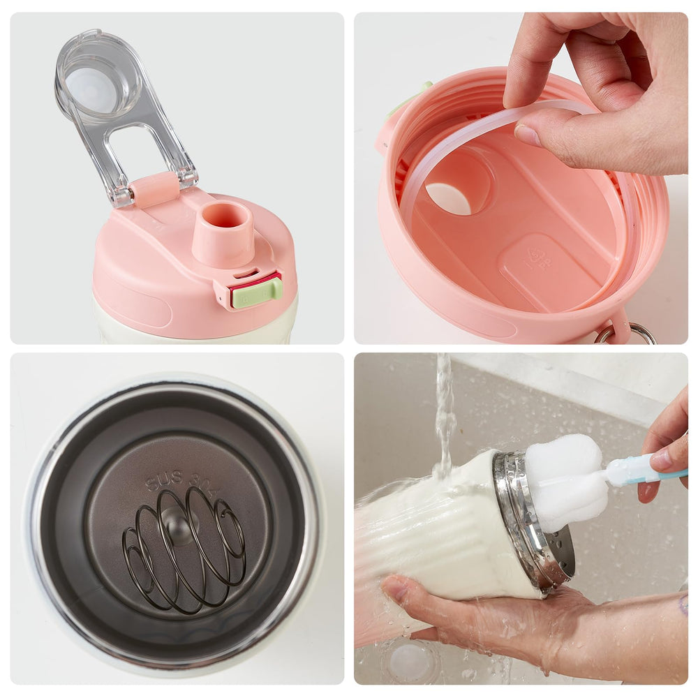 Pink shaker bottle with portable carry handle for on-the-go use