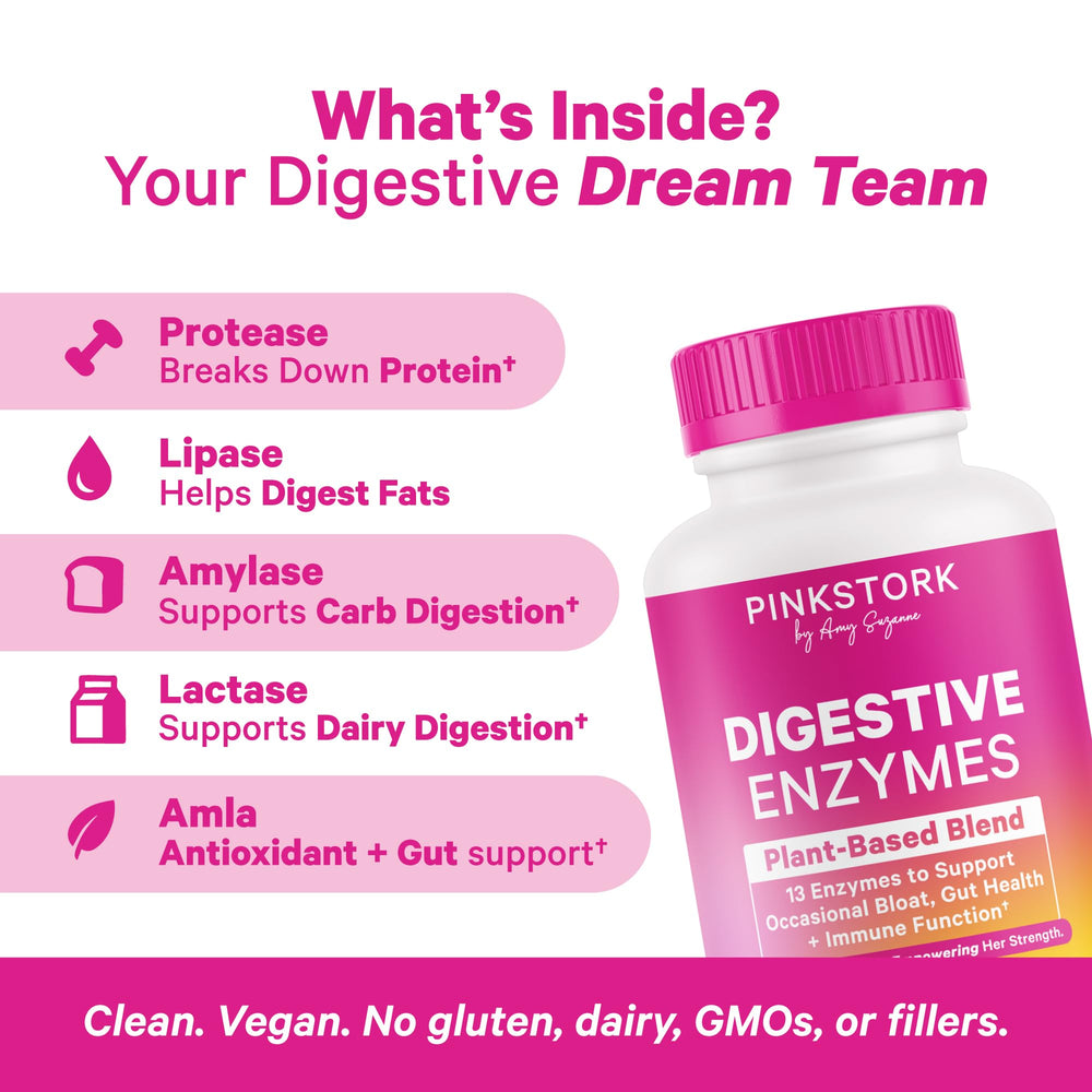 Capsules of Pink Stork Digestive Enzymes for Women in bottle