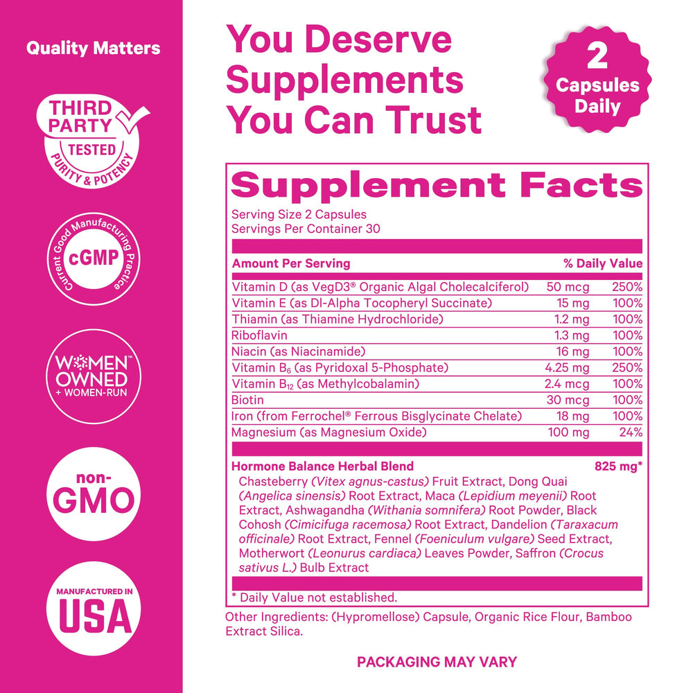 Herbal blend imagery on Pink Stork Hormone Balance packaging