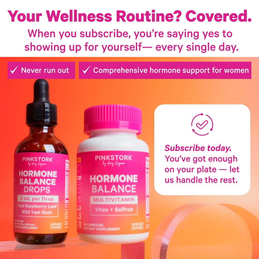 Pink Stork Hormone Balance branding on bottle