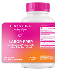 Pink Stork Labor Prep bottle with label on white background