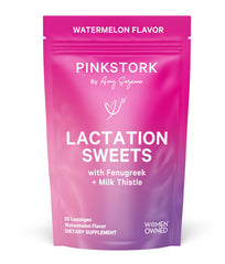 Pink Stork Lactation Sweets packaging and watermelon candy drops