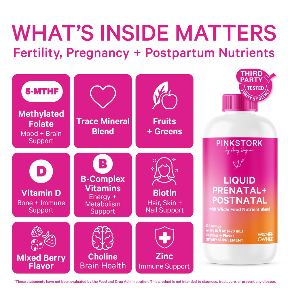 Close-up of Pink Stork Liquid Prenatal Vitamins Berry Flavor bottle