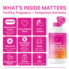 Close-up of Pink Stork Liquid Prenatal Vitamins Berry Flavor bottle