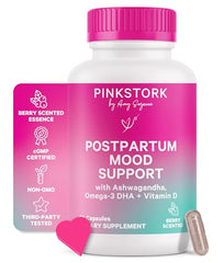 Pink Stork Postpartum Mood Support bottle on white background