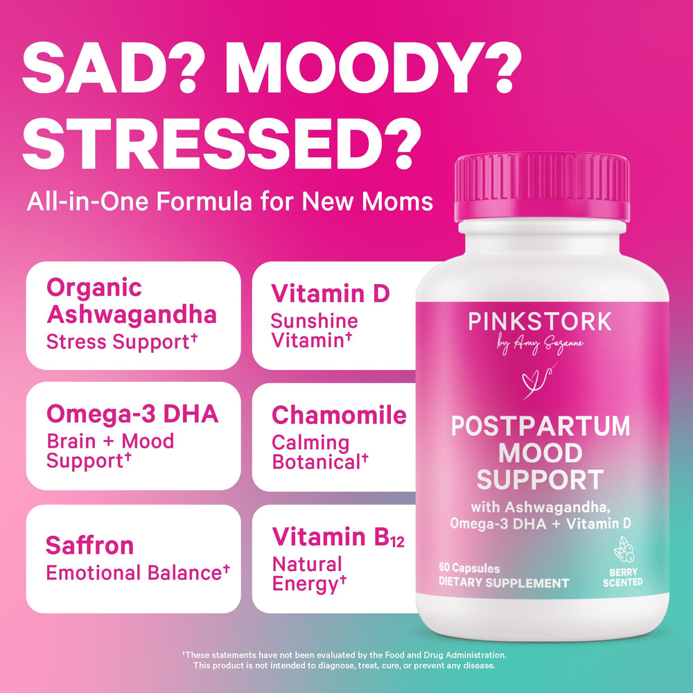 Close-up of Pink Stork Postpartum Mood Support bottle label