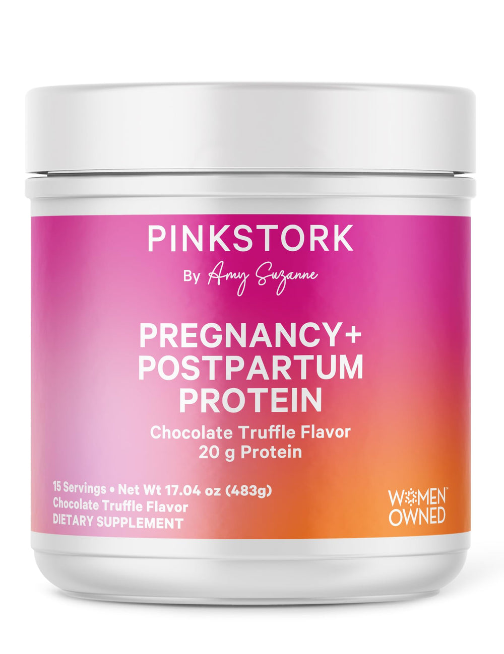 Pink Stork pregnancy postpartum protein powder tub chocolate for daily protein support