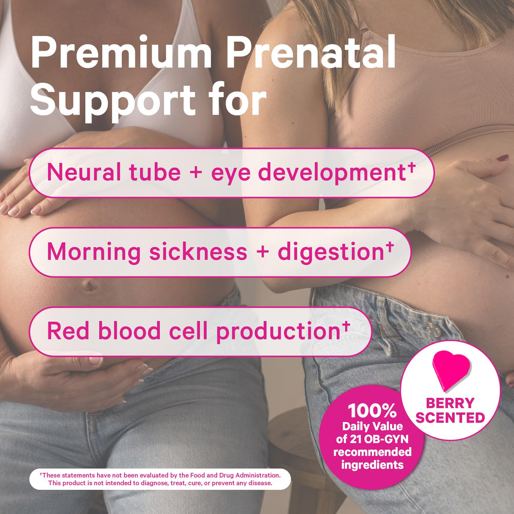 Close-up of Pink Stork Prenatal Vitamin label highlighting organic ingredients
