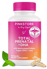 Front view of Pink Stork Total Prenatal Vitamins with DHA bottle