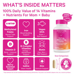 Close-up of Pink Stork prenatal vitamins packaging