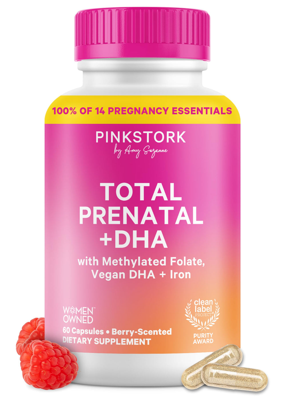 Pink Stork Total Prenatal DHA bottle for easy daily prenatal nutrition