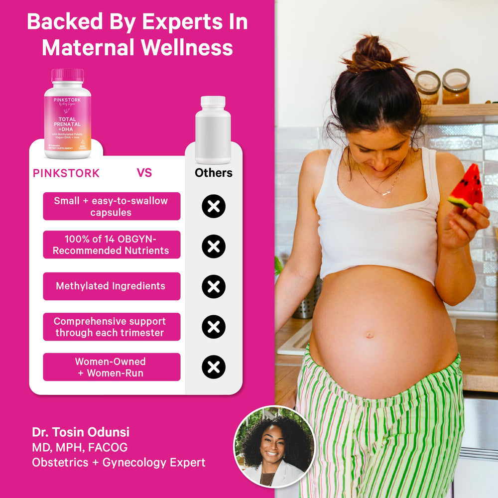 Capsules of Pink Stork Total Prenatal DHA designed for gentle stomach comfort