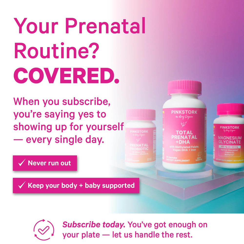 Front view of Pink Stork Total Prenatal DHA packaging with Berry Essence