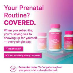 Front view of Pink Stork Total Prenatal DHA packaging with Berry Essence
