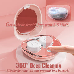 Side view of portable pink ultrasonic lens cleaner with USB charging