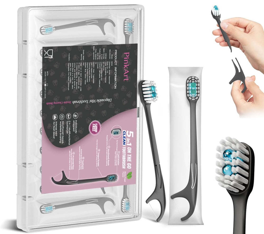 Pinkart 5-in-1 disposable toothbrushes in packaging - 12 count