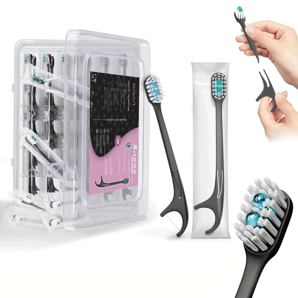 Pinkart 5-in-1 disposable toothbrush with toothpaste and tongue scraper