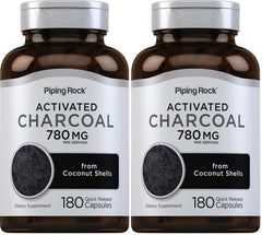 Piping Rock activated charcoal pills bottle for convenient daily use and occasional digestive comfort.