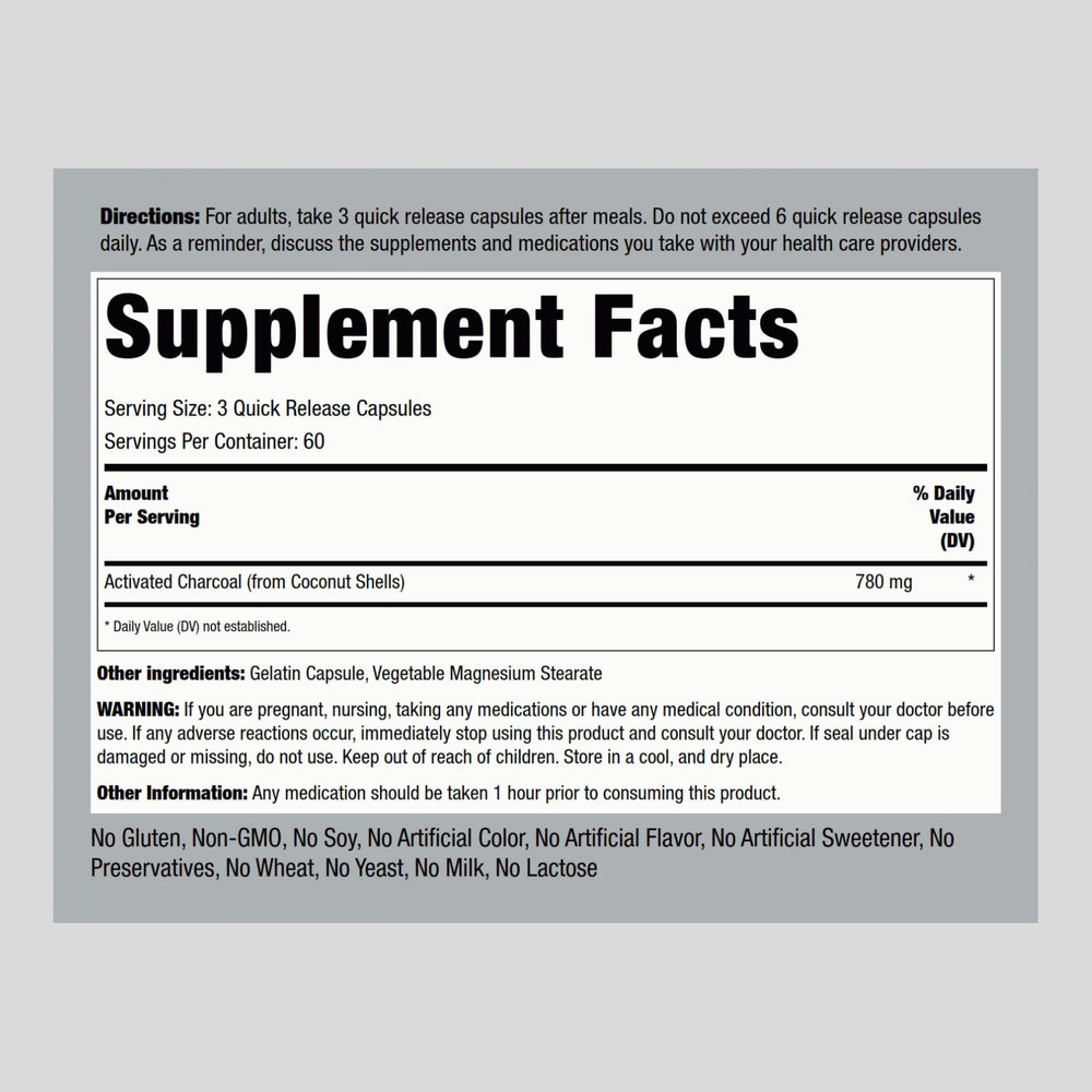 Piping Rock activated charcoal pills capsules closeup shows easy-to-swallow daily supplement.