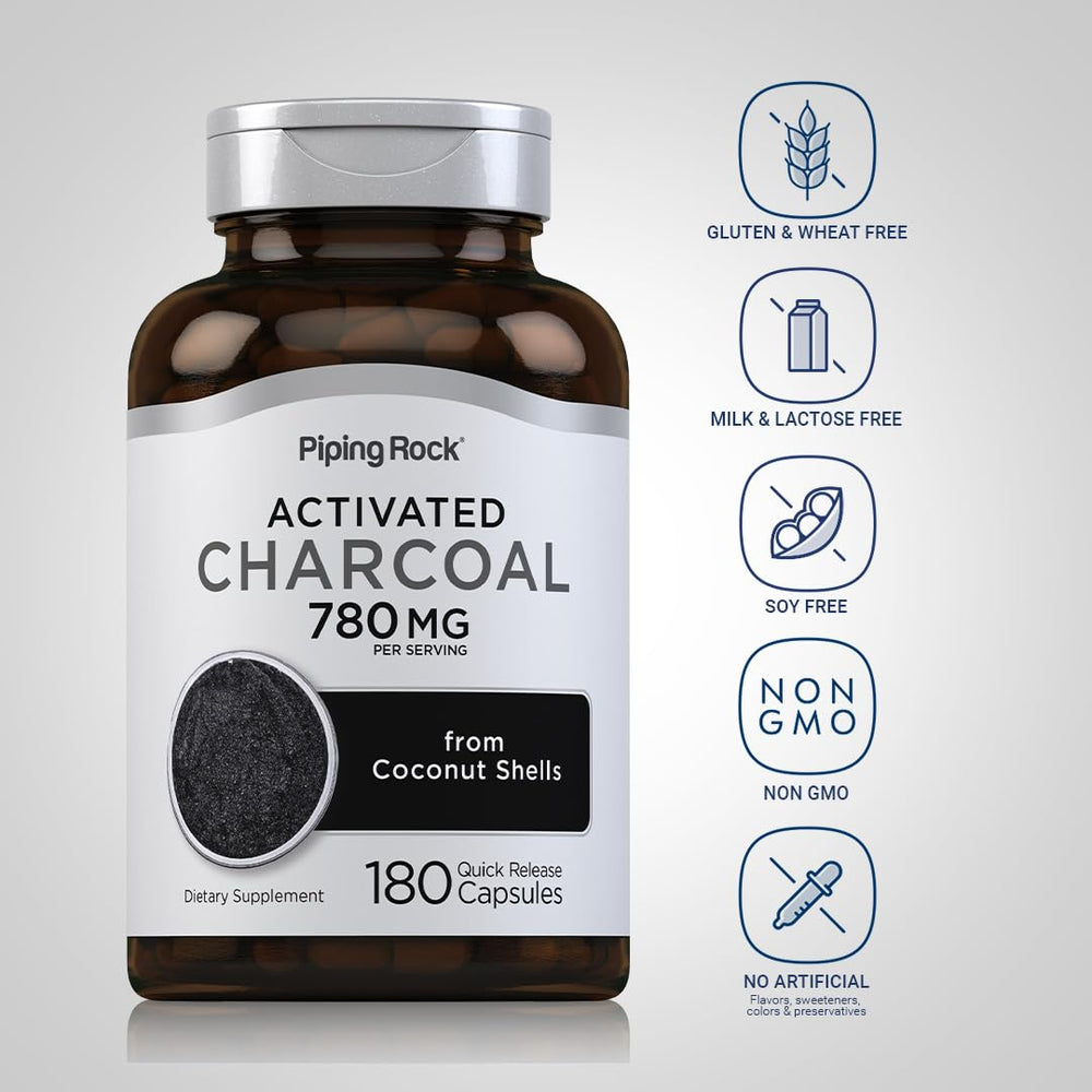 Piping Rock activated charcoal pills coconut-shell origin graphic highlights natural coconut-derived charcoal.