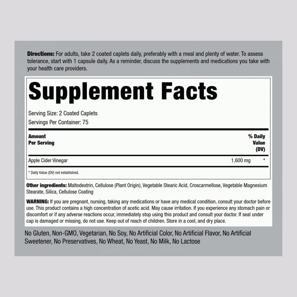 Piping Rock ACV caplets bottle back panel highlights ingredients and safety