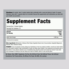 Piping Rock ACV caplets bottle back panel highlights ingredients and safety