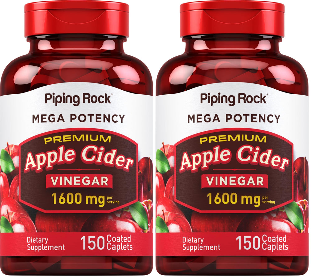 Piping Rock Apple Cider Vinegar caplets bottle front shows 2-pack value for daily routine