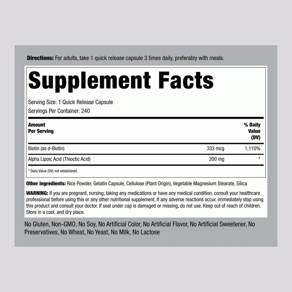 Close-up of Alpha Lipoic Acid 200mg capsules with Biotin