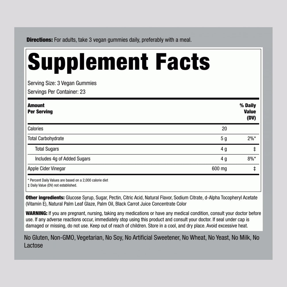 Ingredients panel for Piping Rock Apple Cider Vinegar Gummies