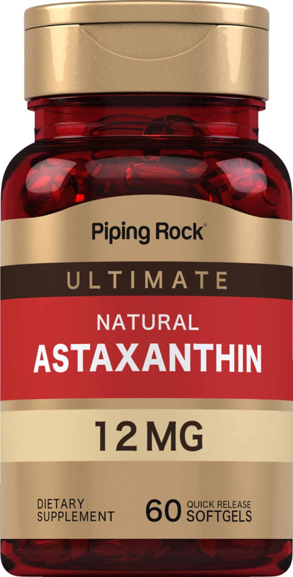 Front view of Piping Rock Astaxanthin 12mg 60 softgels bottle
