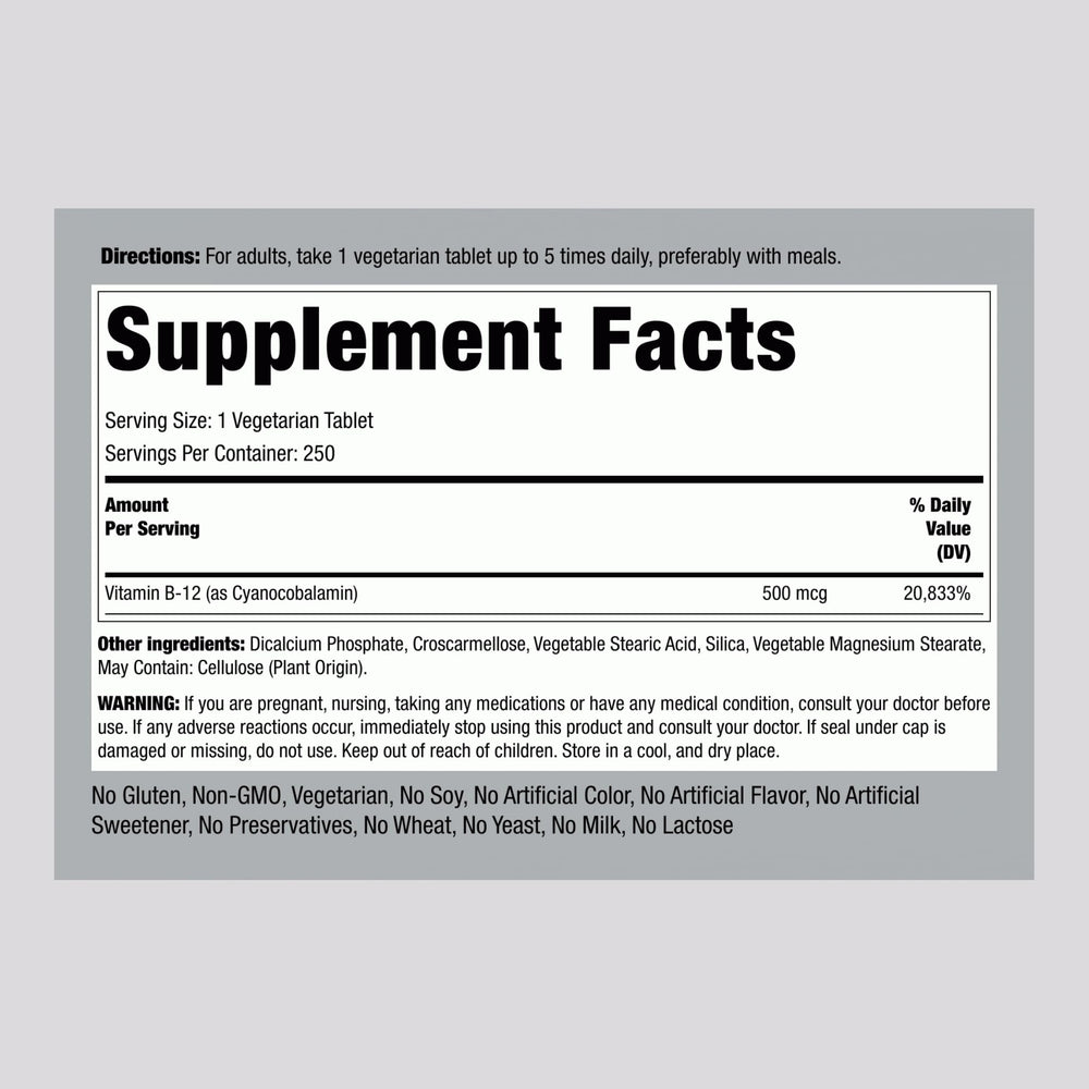 Cyanocobalamin 500 mcg B12 supplement label