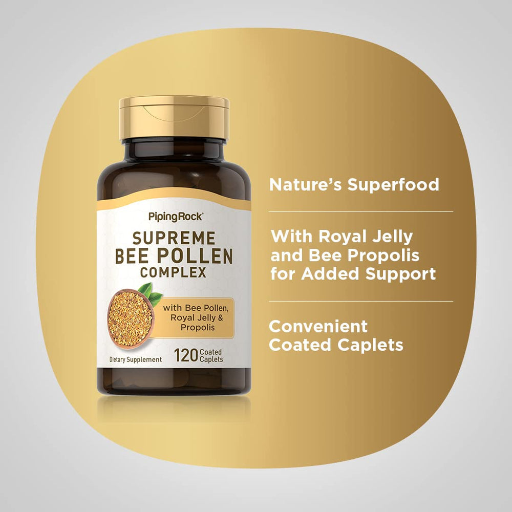 Piping Rock Bee Pollen quick caplets close-up with coated finish for easy swallowing.