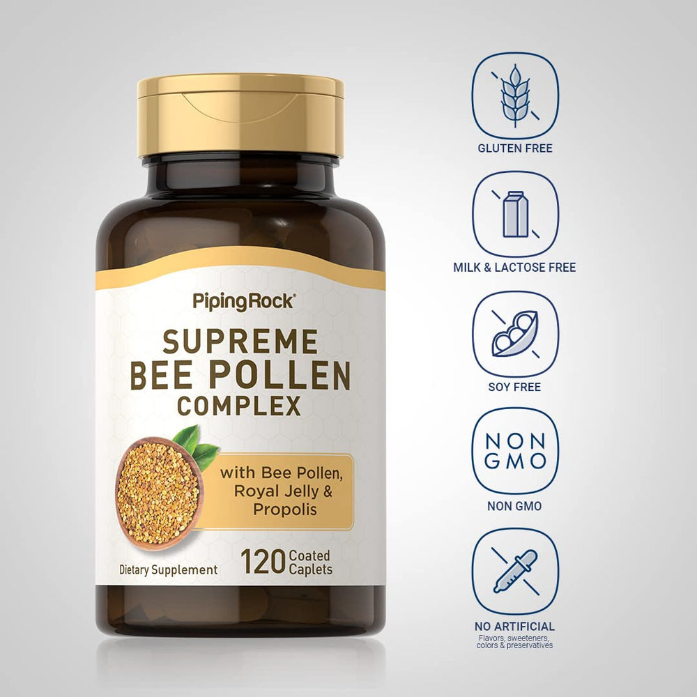 Piping Rock Bee Pollen packaging hero image showcasing easy daily supplement routine.