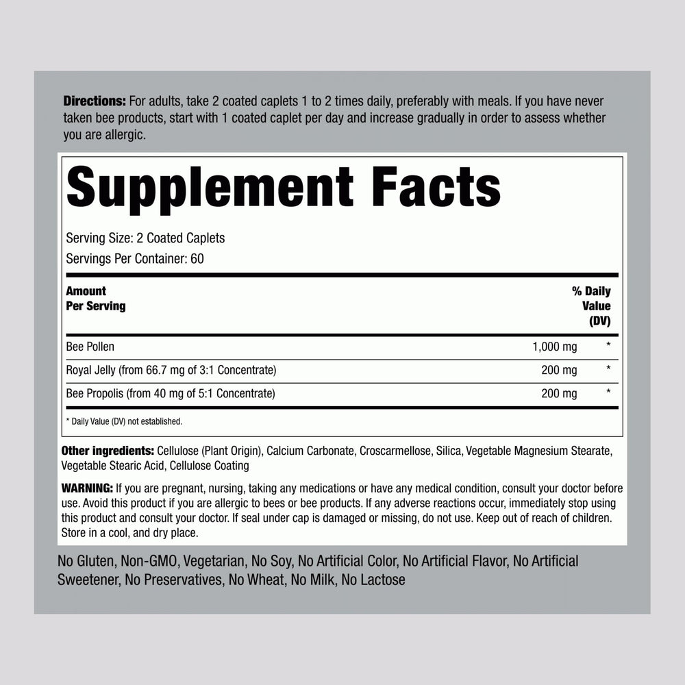 Piping Rock Bee Pollen royal jelly propolis caplets closeup highlights natural ingredients