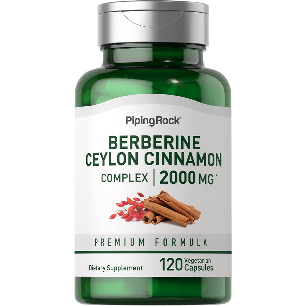 Piping Rock Berberine with Ceylon Cinnamon 2000 mg bottle and capsules