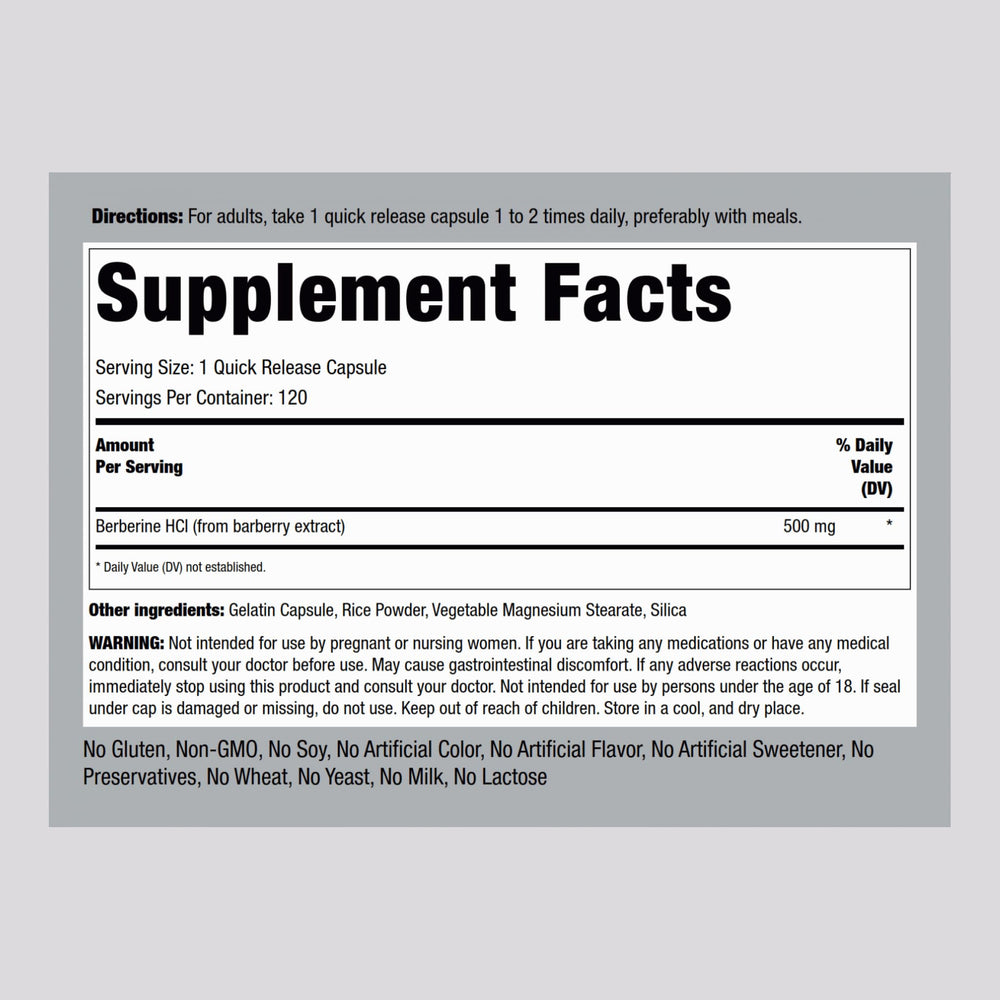 Berberine HCL 500 mg supplement label with Barberry Extract