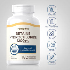 Non-GMO and Gluten-Free icons on Piping Rock Betaine HCL packaging